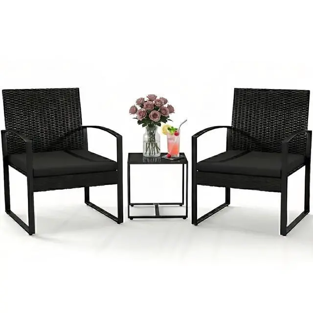 Main image of Murago 3-Piece Patio Bistro Set, Patio Conversation Set, New-Black/Black | All-Weather Wicker 2 chairs with Coffee Table, Modern Chair Set with Removable Cushions for Balcony, Garden, Yard