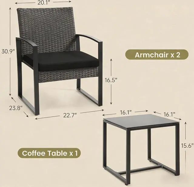Alt view image 2 of 6 - Murago 3 Piece Patio Bistro Set, Patio Conversation Set, Black/Black | All-Weather Wicker 2 chairs with Coffee Table, Modern Chair Set with Removable Cushions for Balcony, Garden, Yard