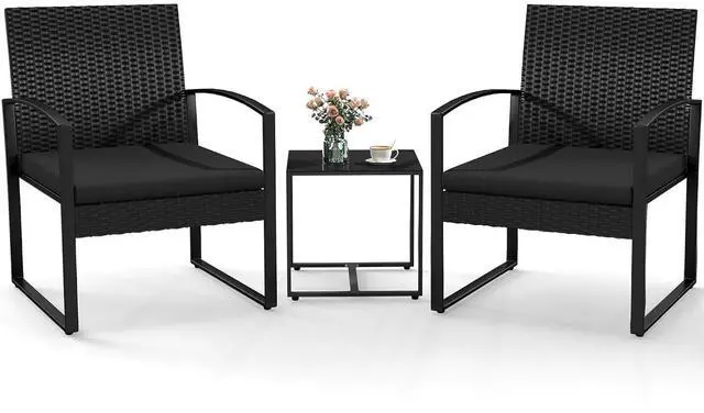Main image of Murago 3 Piece Patio Bistro Set, Patio Conversation Set, Black/Black | All-Weather Wicker 2 chairs with Coffee Table, Modern Chair Set with Removable Cushions for Balcony, Garden, Yard