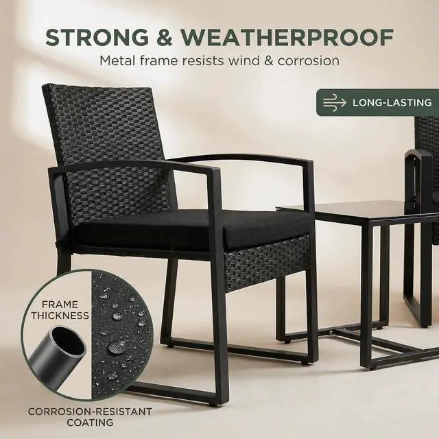 Alt view image 3 of 6 - Murago 3 Piece Patio Bistro Set, Patio Conversation Set, Black/Black | All-Weather Wicker 2 chairs with Coffee Table, Modern Chair Set with Removable Cushions for Balcony, Garden, Yard