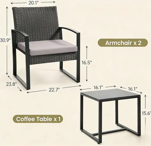 Alt view image 2 of 6 - Murago 3 Piece Patio Bistro Set, Patio Conversation Set, Black/Grey | All-Weather Wicker 2 chairs with Coffee Table, Modern Chair Set with Removable Cushions for Balcony, Garden, Yard