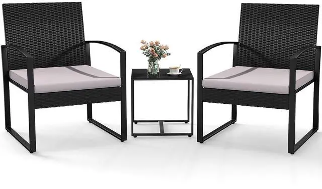 Main image of Murago 3 Piece Patio Bistro Set, Patio Conversation Set, Black/Grey | All-Weather Wicker 2 chairs with Coffee Table, Modern Chair Set with Removable Cushions for Balcony, Garden, Yard