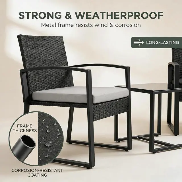 Alt view image 3 of 6 - Murago 3 Piece Patio Bistro Set, Patio Conversation Set, Black/Grey | All-Weather Wicker 2 chairs with Coffee Table, Modern Chair Set with Removable Cushions for Balcony, Garden, Yard