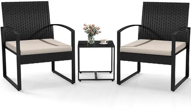 Main image of Murago 3-Piece Patio Bistro Set, Patio Conversation Set, Black/Beige | All-Weather Wicker 2 chairs with Coffee Table, Modern Chair Set with Removable Cushions for Balcony, Garden, Yard