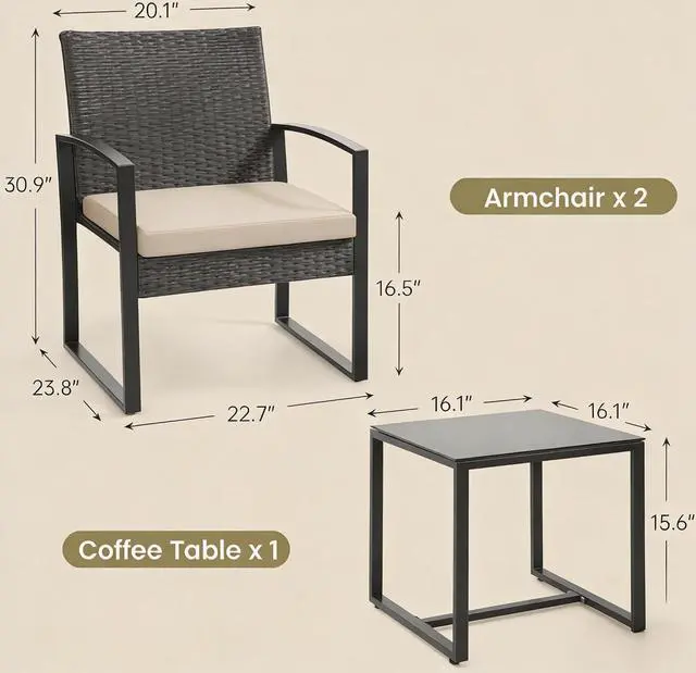 Alt view image 2 of 6 - Murago 3-Piece Patio Bistro Set, Patio Conversation Set, Black/Beige | All-Weather Wicker 2 chairs with Coffee Table, Modern Chair Set with Removable Cushions for Balcony, Garden, Yard