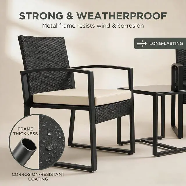 Alt view image 3 of 6 - Murago 3-Piece Patio Bistro Set, Patio Conversation Set, Black/Beige | All-Weather Wicker 2 chairs with Coffee Table, Modern Chair Set with Removable Cushions for Balcony, Garden, Yard