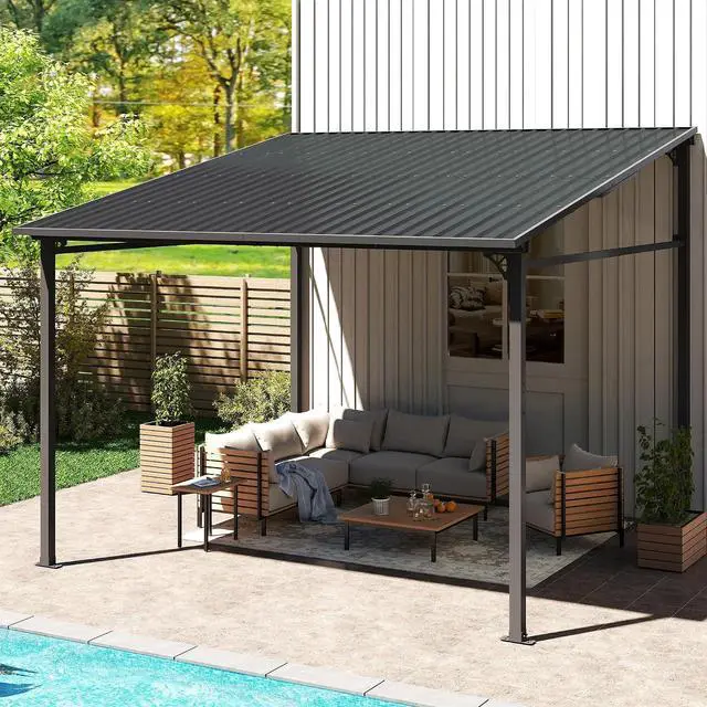 Main image of Murago 10'x10' Wall Mounted Gazebo, Lean to Gazebo Pergola with Sloped Roof | Hard Top Pergola, Aluminum Metal Frame & Galvanized Steel Roof, Outdoor Heavy Duty Awnings for Patio, Backyard, Deck