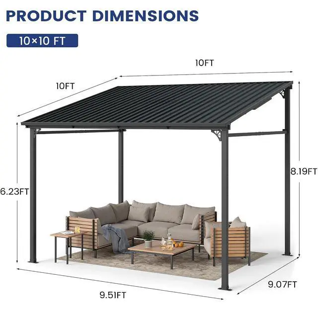 Alt view image 7 of 7 - Murago 10'x10' Wall Mounted Gazebo, Lean to Gazebo Pergola with Sloped Roof | Hard Top Pergola, Aluminum Metal Frame & Galvanized Steel Roof, Outdoor Heavy Duty Awnings for Patio, Backyard, Deck