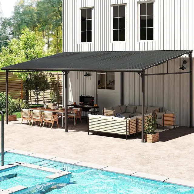 Main image of Murago 12'x20' Lean to Gazebo Pergola, Wall Mounted Gazebo with Metal Roof | Galvanized Steel Roof & Hardtop Pergola, Heavy Duty Awnings for Deck, Patio, Backyard