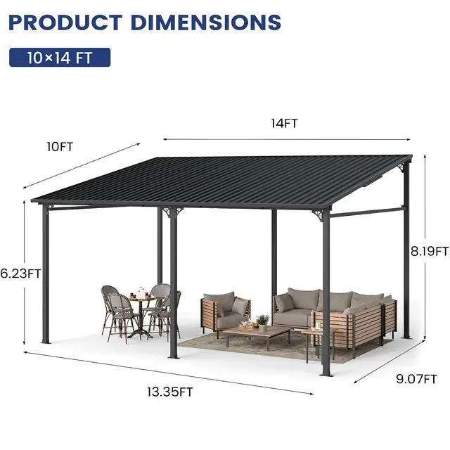 Alt view image 7 of 7 - Murago 10'x14' Wall Mounted Gazebo, Lean to Gazebo Pergola with Sloped Roof | Hard Top Pergola, Aluminum Metal Frame & Galvanized Steel Roof, Outdoor Heavy Duty Awnings for Patio, Backyard, Deck