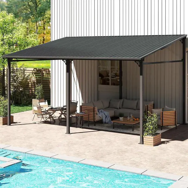 Main image of Murago 10'x14' Wall Mounted Gazebo, Lean to Gazebo Pergola with Sloped Roof | Hard Top Pergola, Aluminum Metal Frame & Galvanized Steel Roof, Outdoor Heavy Duty Awnings for Patio, Backyard, Deck