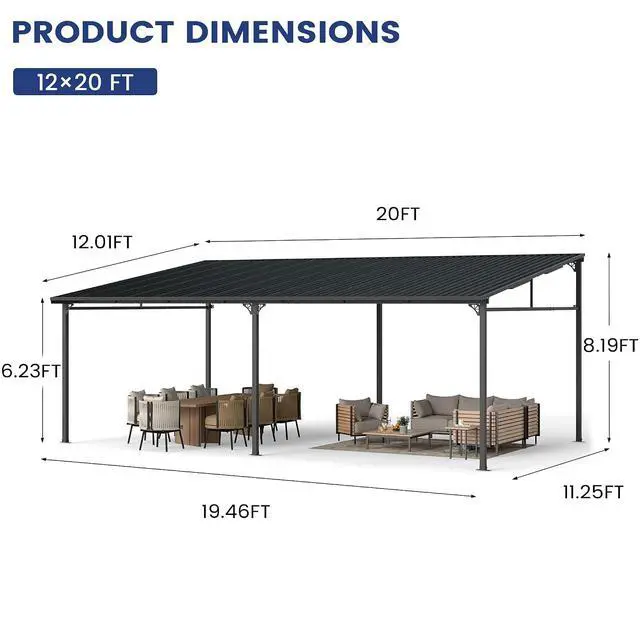 Alt view image 7 of 7 - Murago 12'x20' Lean to Gazebo Pergola, Wall Mounted Gazebo with Metal Roof | Galvanized Steel Roof & Hardtop Pergola, Heavy Duty Awnings for Deck, Patio, Backyard