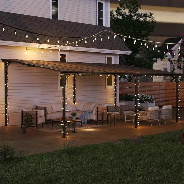 Alt view image 2 of 7 - Murago 12' x 20' Lean to Gazebo Pergola with Polycarbonate Panel Roof | Wall Mounted Gazebo with Aluminum Top Frame, Hardtop Pergola with Sloped Roof, Outdoor Heavy Duty Awnings for Patio, Backyard