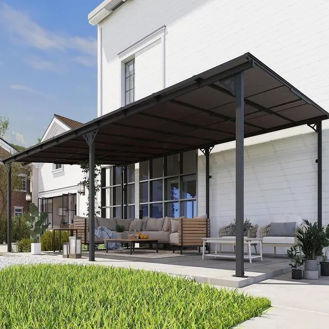 Main image of Murago 12' x 20' Lean to Gazebo Pergola with Polycarbonate Panel Roof | Wall Mounted Gazebo with Aluminum Top Frame, Hardtop Pergola with Sloped Roof, Outdoor Heavy Duty Awnings for Patio, Backyard