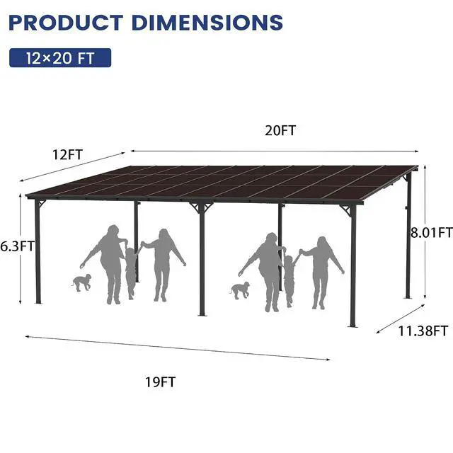 Alt view image 7 of 7 - Murago 12' x 20' Lean to Gazebo Pergola with Polycarbonate Panel Roof | Wall Mounted Gazebo with Aluminum Top Frame, Hardtop Pergola with Sloped Roof, Outdoor Heavy Duty Awnings for Patio, Backyard