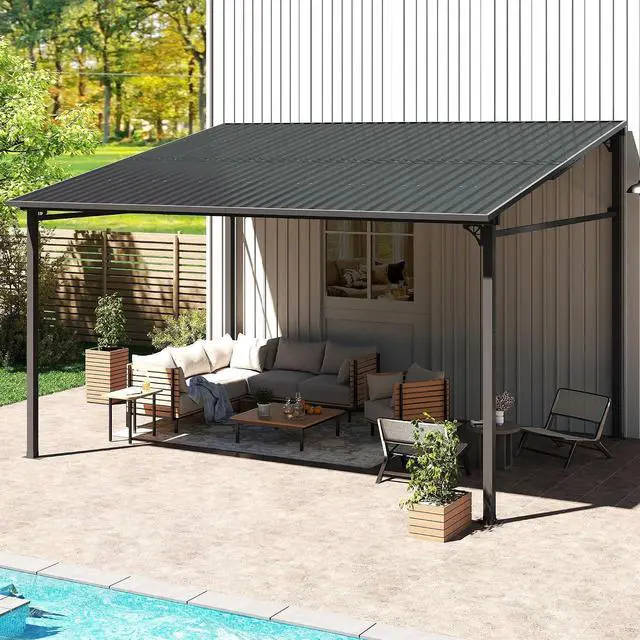 Main image of Murago 10'x12' Wall Mounted Gazebo, Lean to Gazebo Pergola with Sloped Roof | Hard Top Pergola, Aluminum Metal Frame & Galvanized Steel Roof, Outdoor Heavy Duty Awnings for Patio, Backyard, Deck