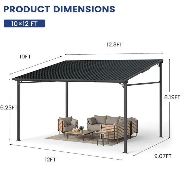 Alt view image 7 of 7 - Murago 10'x12' Wall Mounted Gazebo, Lean to Gazebo Pergola with Sloped Roof | Hard Top Pergola, Aluminum Metal Frame & Galvanized Steel Roof, Outdoor Heavy Duty Awnings for Patio, Backyard, Deck