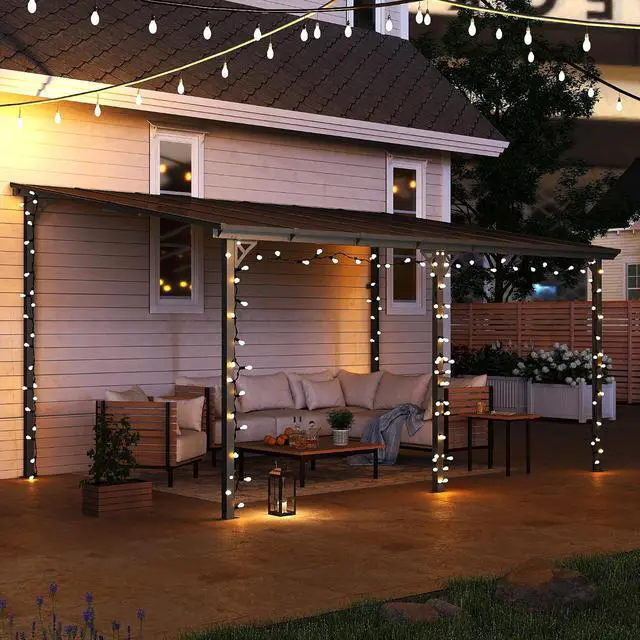 Alt view image 2 of 7 - Murago 10' x 14' Lean to Gazebo Pergola with Polycarbonate Panel Roof | Wall Mounted Gazebo with Aluminum Top Frame, Hardtop Pergola with Sloped Roof, Outdoor Heavy Duty Awnings for Patio, Backyard