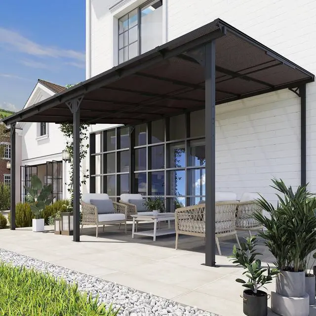 Main image of Murago 10' x 14' Lean to Gazebo Pergola with Polycarbonate Panel Roof | Wall Mounted Gazebo with Aluminum Top Frame, Hardtop Pergola with Sloped Roof, Outdoor Heavy Duty Awnings for Patio, Backyard