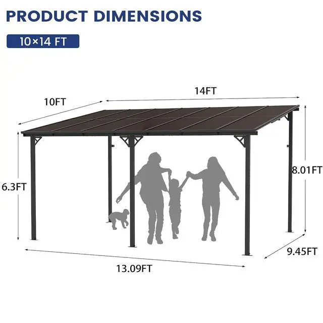 Alt view image 7 of 7 - Murago 10' x 14' Lean to Gazebo Pergola with Polycarbonate Panel Roof | Wall Mounted Gazebo with Aluminum Top Frame, Hardtop Pergola with Sloped Roof, Outdoor Heavy Duty Awnings for Patio, Backyard