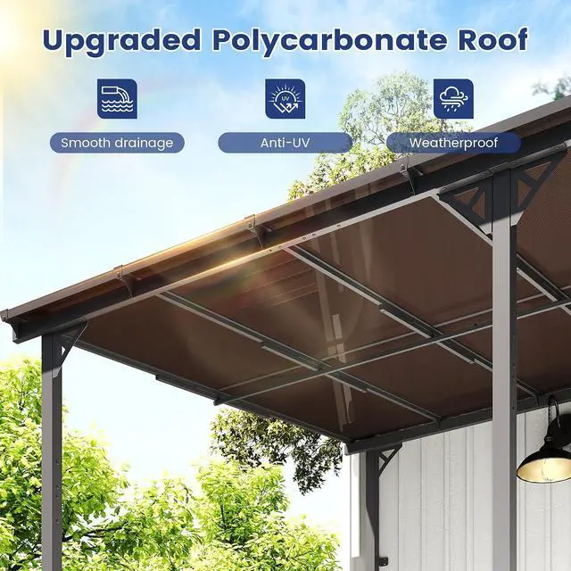 Alt view image 3 of 7 - Murago 12' x 20' Lean to Gazebo Pergola with Polycarbonate Panel Roof | Wall Mounted Gazebo with Aluminum Top Frame, Hardtop Pergola with Sloped Roof, Outdoor Heavy Duty Awnings for Patio, Backyard