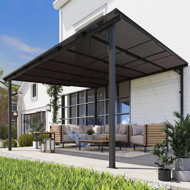 Main image of Murago 12'x12' Lean to Gazebo Pergola with Polycarbonate Panel Roof | Wall Mounted Gazebo with Aluminum Top Frame, Hardtop Pergola with Sloped Roof, Outdoor Heavy Duty Awnings for Patio, Backyard