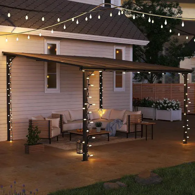 Alt view image 2 of 7 - Murago 12'x12' Lean to Gazebo Pergola with Polycarbonate Panel Roof | Wall Mounted Gazebo with Aluminum Top Frame, Hardtop Pergola with Sloped Roof, Outdoor Heavy Duty Awnings for Patio, Backyard