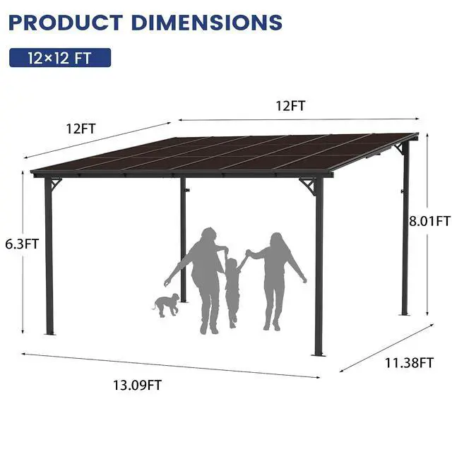 Alt view image 7 of 7 - Murago 12'x12' Lean to Gazebo Pergola with Polycarbonate Panel Roof | Wall Mounted Gazebo with Aluminum Top Frame, Hardtop Pergola with Sloped Roof, Outdoor Heavy Duty Awnings for Patio, Backyard