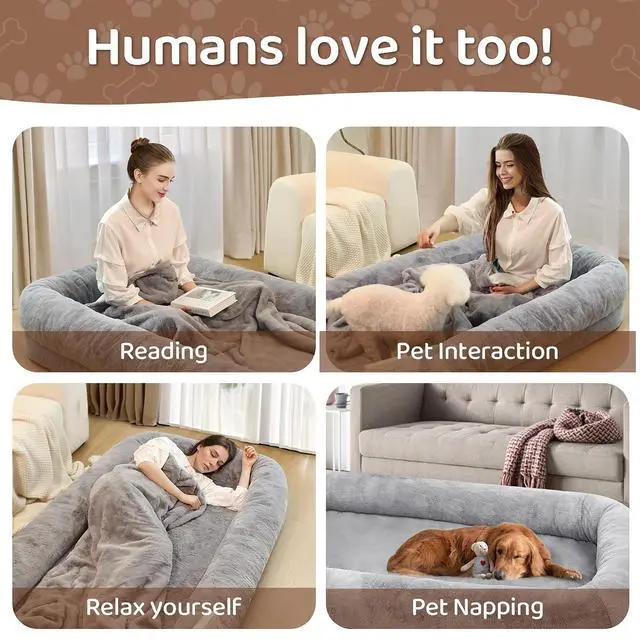 Alt view image 4 of 7 - Murago Human Dog Bed for Adults, 71"x43"x10",Light Grey | Dog Bed for Humans with Smooth Short Plush,Removable Cover & Waterproof Liner,Ideal for Living Room,Bedroom