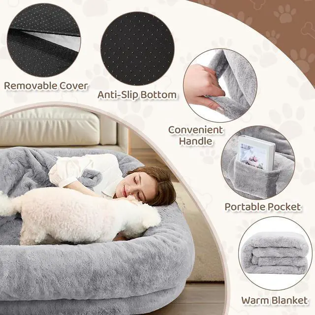 Alt view image 5 of 7 - Murago Human Dog Bed for Adults, 71"x43"x10",Light Grey | Dog Bed for Humans with Smooth Short Plush,Removable Cover & Waterproof Liner,Ideal for Living Room,Bedroom