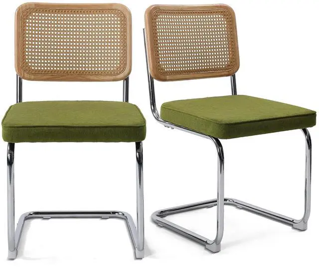 Main image of Murago Modern Cesca Cane Dining Chairs,Set of 2,Green | Handwoven Rattan Cane Back,Chrome Base,Upholstered Seat,Ideal for Kitchen or Dining Room
