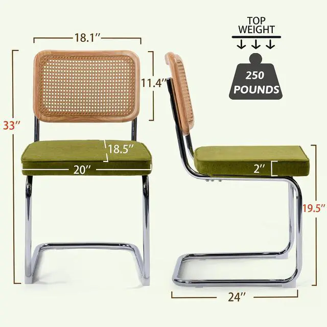Alt view image 3 of 7 - Murago Modern Cesca Cane Dining Chairs,Set of 2,Green | Handwoven Rattan Cane Back,Chrome Base,Upholstered Seat,Ideal for Kitchen or Dining Room