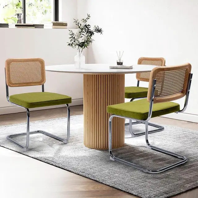 Alt view image 2 of 7 - Murago Modern Cesca Cane Dining Chairs,Set of 2,Green | Handwoven Rattan Cane Back,Chrome Base,Upholstered Seat,Ideal for Kitchen or Dining Room
