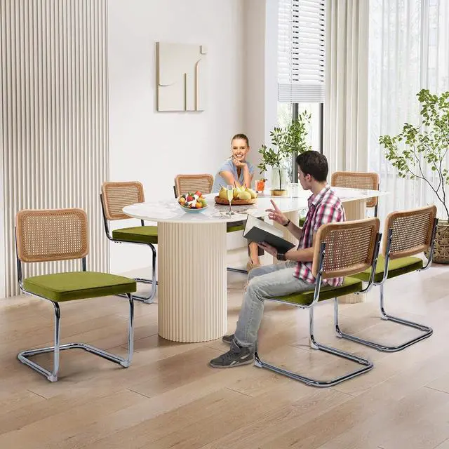Alt view image 7 of 7 - Murago Modern Cesca Cane Dining Chairs,Set of 2,Green | Handwoven Rattan Cane Back,Chrome Base,Upholstered Seat,Ideal for Kitchen or Dining Room