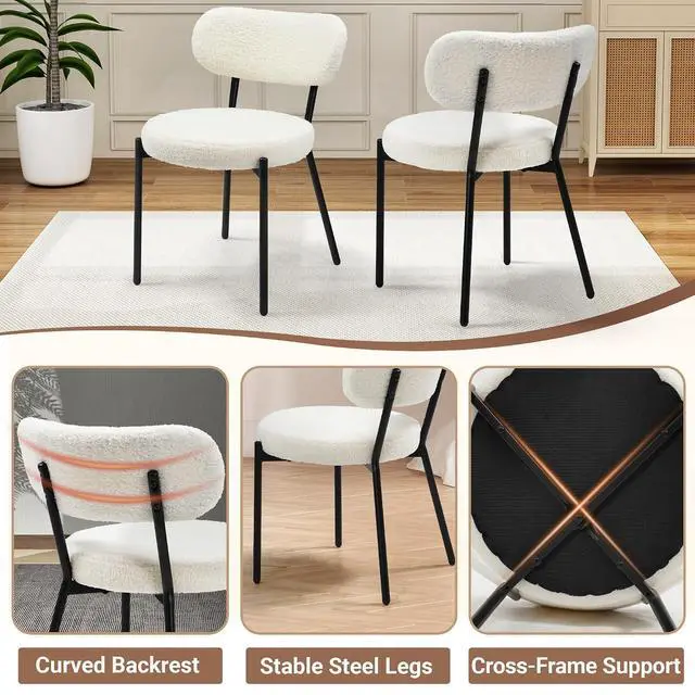 Alt view image 4 of 6 - Murago Dining Chairs Set of 2,Boucle Comfortable Upholstered Seat,White | Curved Backrest,Mid Century Modern Contemporary Scandinavian Designer Chairs Ideal for Dining Room,Kitchen