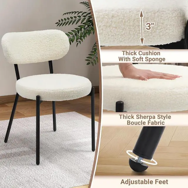 Alt view image 6 of 7 - Murago Dining Chairs Set of 4,Boucle Comfortable Upholstered Seat,White | Curved Backrest,Mid Century Modern Contemporary Scandinavian Designer Chairs Ideal for Dining Room,Kitchen