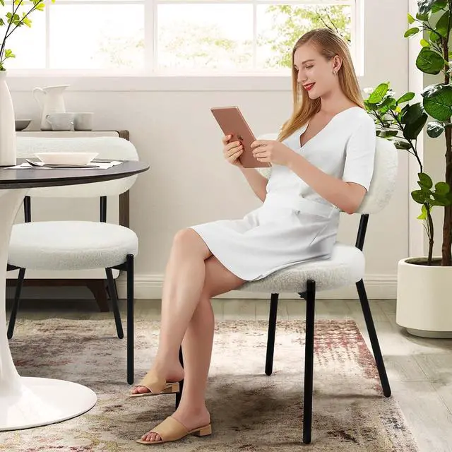 Alt view image 7 of 7 - Murago Dining Chairs Set of 4,Boucle Comfortable Upholstered Seat,White | Curved Backrest,Mid Century Modern Contemporary Scandinavian Designer Chairs Ideal for Dining Room,Kitchen