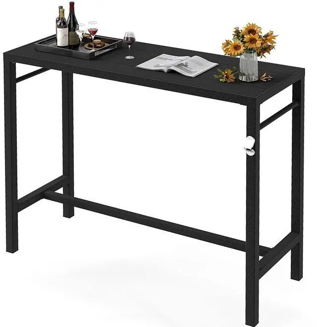 Main image of Murago Outdoor Bar Table, Bar Height Outdoor Pub Table, 46 inch Long, Black | Extra Wide, Ideal for Patio, Hot Tub, Dining, Balcony, Poolside, Weatherproof & Rustproof, Built In Bottle Opener