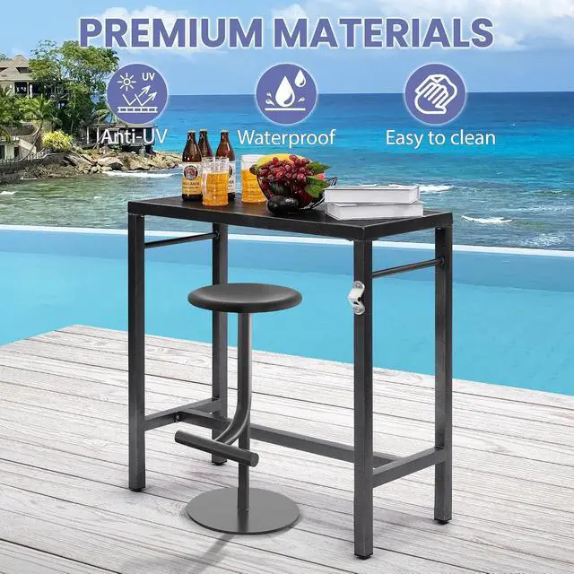 Alt view image 7 of 7 - Murago Outdoor Bar Table, Bar Height Outdoor Pub Table, 39 inch Long, Black | Extra Wide, Ideal for Patio, Hot Tub, Dining, Balcony, Poolside, Weatherproof & Rustproof, Built In Bottle Opener