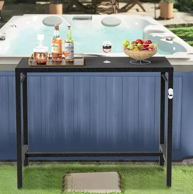 Alt view image 2 of 7 - Murago Outdoor Bar Table, Bar Height Outdoor Pub Table, 46 inch Long, Black | Extra Wide, Ideal for Patio, Hot Tub, Dining, Balcony, Poolside, Weatherproof & Rustproof, Built In Bottle Opener