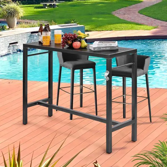 Alt view image 7 of 7 - Murago Outdoor Bar Table, Bar Height Outdoor Pub Table, 46 inch Long, Black | Extra Wide, Ideal for Patio, Hot Tub, Dining, Balcony, Poolside, Weatherproof & Rustproof, Built In Bottle Opener