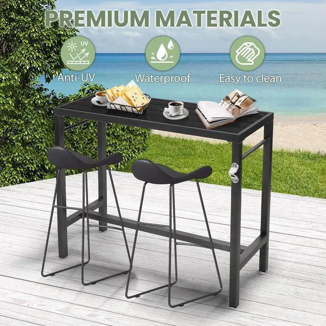 Alt view image 6 of 7 - Murago Outdoor Bar Table, Bar Height Outdoor Pub Table, 46 inch Long, Black | Extra Wide, Ideal for Patio, Hot Tub, Dining, Balcony, Poolside, Weatherproof & Rustproof, Built In Bottle Opener