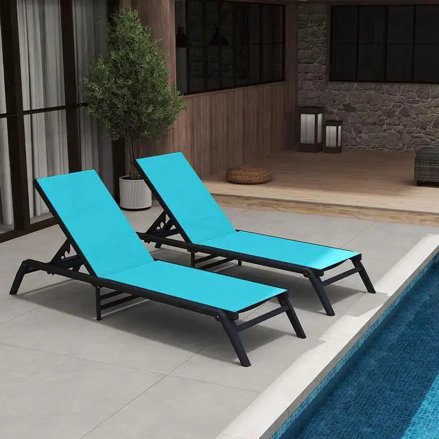 Alt view image 2 of 7 - Murago Outdoor Chaise Lounge Chairs Set of 2, No Assembly Required, 5-Position Adjustable Backrest, Foldable Lightweight Patio Lounge for Poolside, Deck, Lawn & Beach, Blue