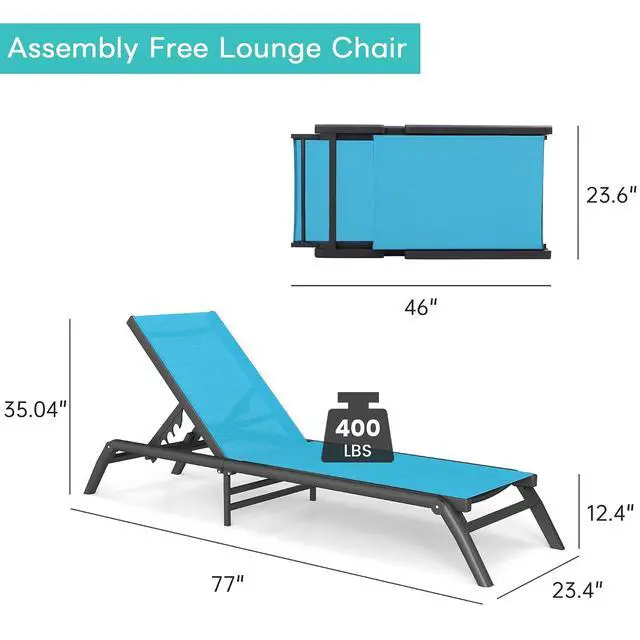 Alt view image 3 of 7 - Murago Outdoor Chaise Lounge Chairs Set of 2, No Assembly Required, 5-Position Adjustable Backrest, Foldable Lightweight Patio Lounge for Poolside, Deck, Lawn & Beach, Blue