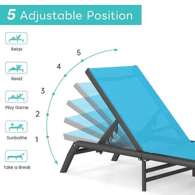Alt view image 6 of 7 - Murago Outdoor Chaise Lounge Chairs Set of 2, No Assembly Required, 5-Position Adjustable Backrest, Foldable Lightweight Patio Lounge for Poolside, Deck, Lawn & Beach, Blue