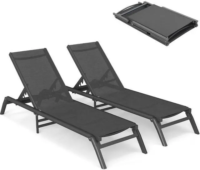 Main image of Murago Outdoor Chaise Lounge Chairs Set of 2, No Assembly Required, 5-Position Adjustable Backrest, Foldable Lightweight Patio Lounge for Poolside, Deck, Lawn & Beach, Dark Grey