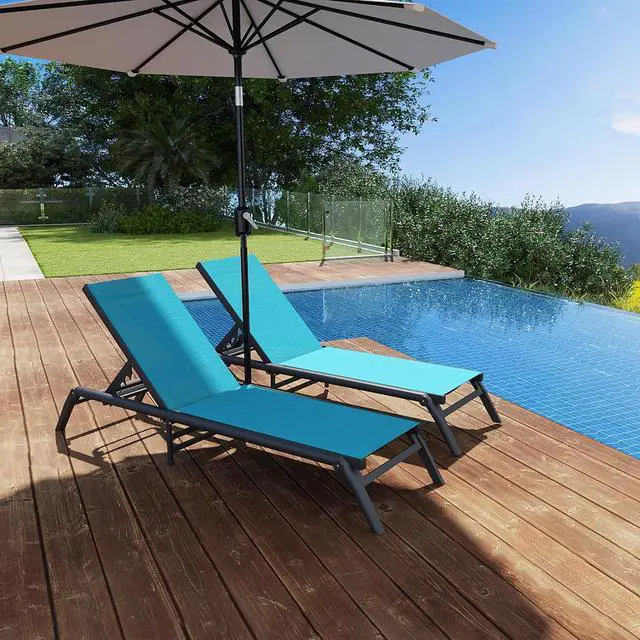 Alt view image 7 of 7 - Murago Outdoor Chaise Lounge Chairs Set of 2, No Assembly Required, 5-Position Adjustable Backrest, Foldable Lightweight Patio Lounge for Poolside, Deck, Lawn & Beach, Blue