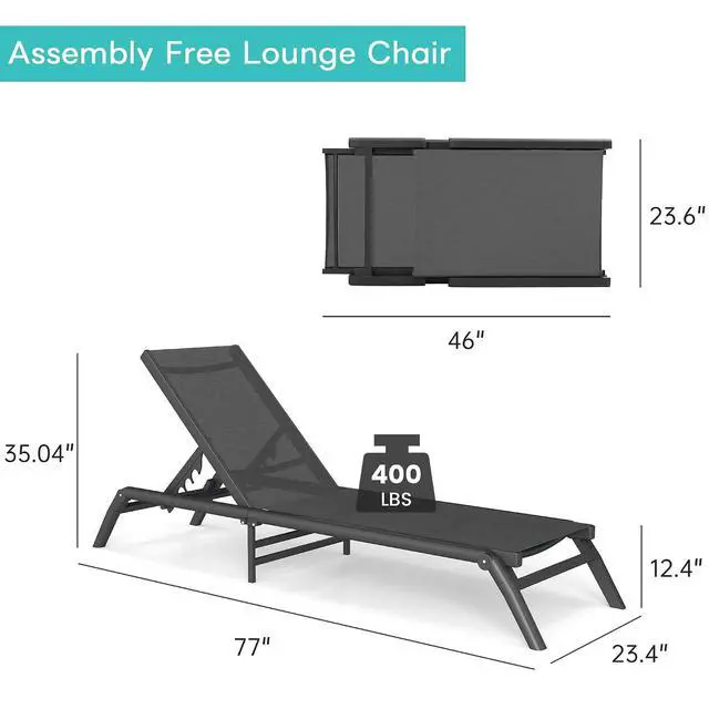 Alt view image 3 of 7 - Murago Outdoor Chaise Lounge Chairs Set of 2, No Assembly Required, 5-Position Adjustable Backrest, Foldable Lightweight Patio Lounge for Poolside, Deck, Lawn & Beach, Dark Grey