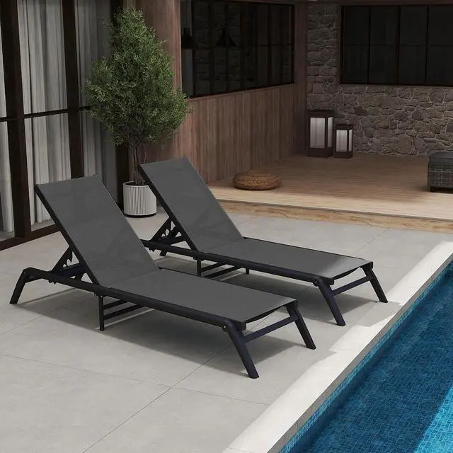 Alt view image 2 of 7 - Murago Outdoor Chaise Lounge Chairs Set of 2, No Assembly Required, 5-Position Adjustable Backrest, Foldable Lightweight Patio Lounge for Poolside, Deck, Lawn & Beach, Dark Grey