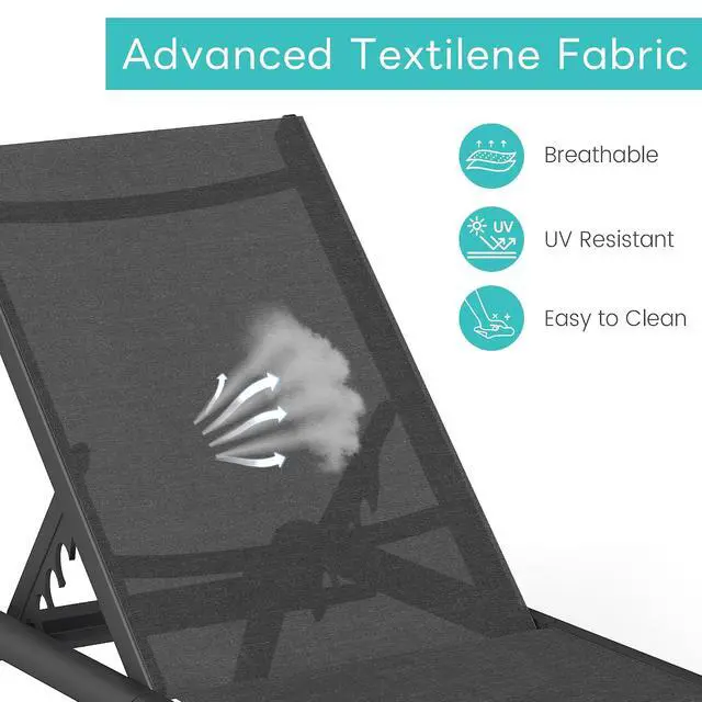 Alt view image 4 of 7 - Murago Outdoor Chaise Lounge Chairs Set of 2, No Assembly Required, 5-Position Adjustable Backrest, Foldable Lightweight Patio Lounge for Poolside, Deck, Lawn & Beach, Dark Grey